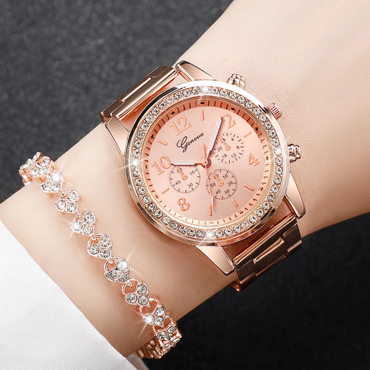 2PCS Women’s Luxury Watch Set – Quartz Wristwatch & Rhinestone Bracelet