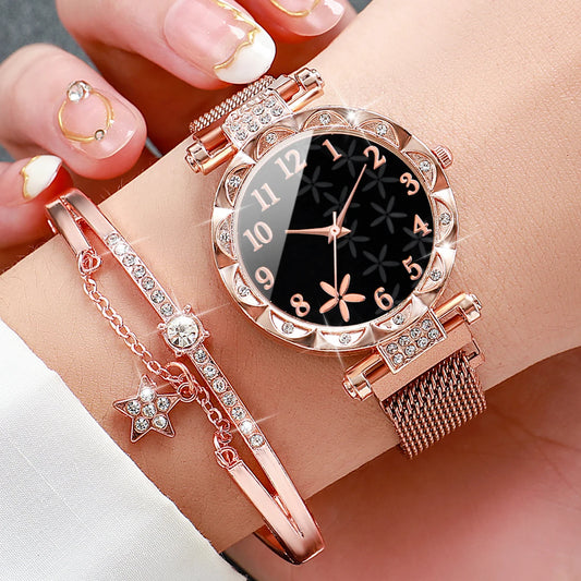 Elegant & Stylish set: Women’s flower dial quartz watch with magnetic mesh band, paired with a chic star bracelet. Perfect for gifts or daily wear.