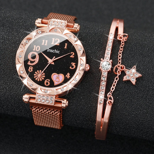 Elegant & Stylish set: Women’s flower dial quartz watch with magnetic mesh band, paired with a chic star bracelet. Perfect for gifts or daily wear.