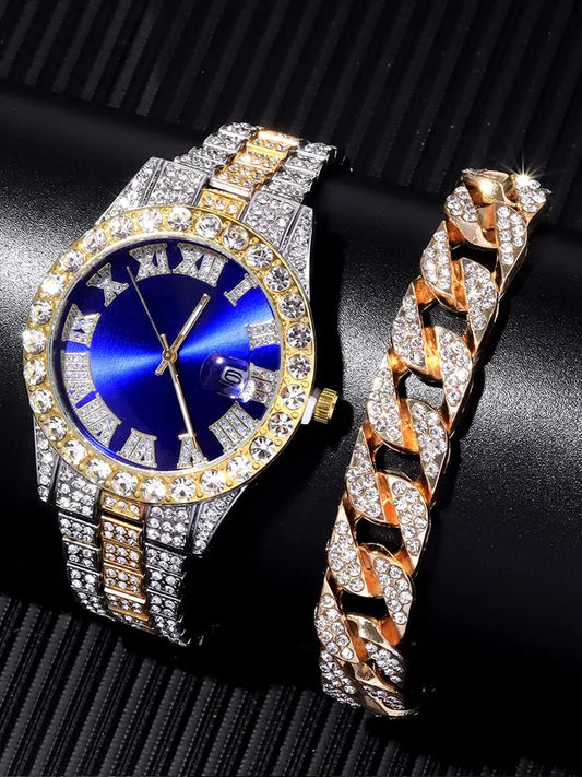 2PCS Men’s Luxury Watch Set – Full Diamond Steel Band + Bracelet