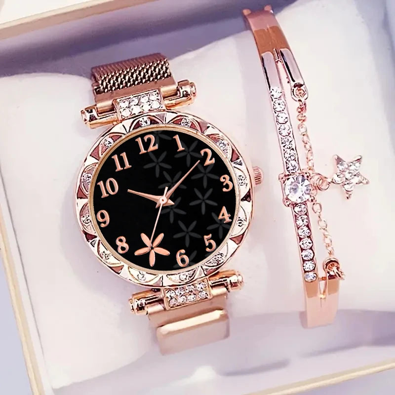 Elegant & Stylish set: Women’s flower dial quartz watch with magnetic mesh band, paired with a chic star bracelet. Perfect for gifts or daily wear.