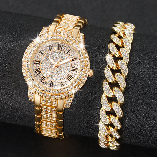 2PCS Luxury Women’s Diamond Watches – Gold Wristwatch & Rhinestone Bracelet Set