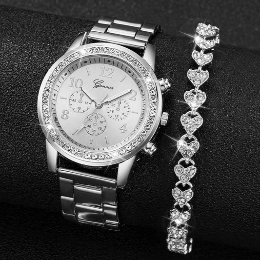2PCS Women’s Luxury Watch Set – Quartz Wristwatch & Rhinestone Bracelet