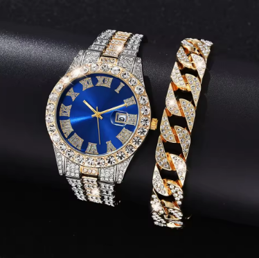 2PCS Men’s Luxury Watch Set – Full Diamond Steel Band + Bracelet