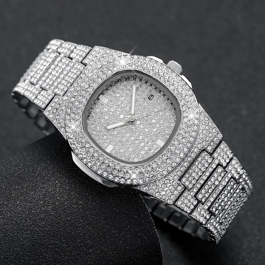 Luxury Men’s Full Diamond Watch – Stainless Steel Quartz Sports Wristwatch with Calendar