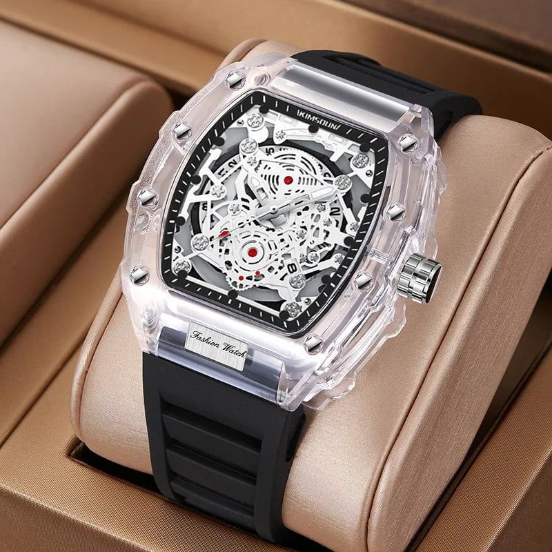 Casual Men’s Watch – Transparent Tonneau Case, Luminous Quartz
