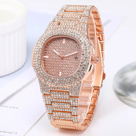 Luxury Men’s Full Diamond Watch – Stainless Steel Quartz Sports Wristwatch with Calendar