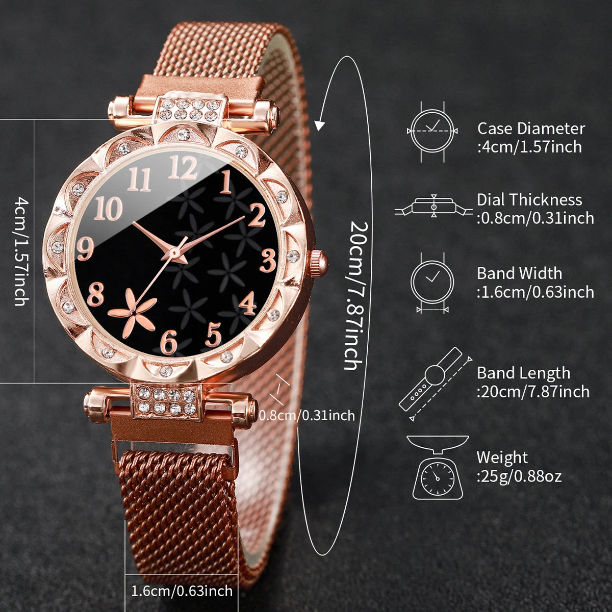 Elegant & Stylish set: Women’s flower dial quartz watch with magnetic mesh band, paired with a chic star bracelet. Perfect for gifts or daily wear.
