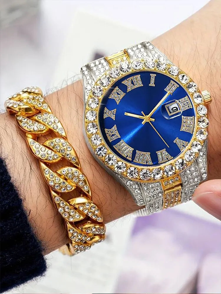 2PCS Men’s Luxury Watch Set – Full Diamond Steel Band + Bracelet