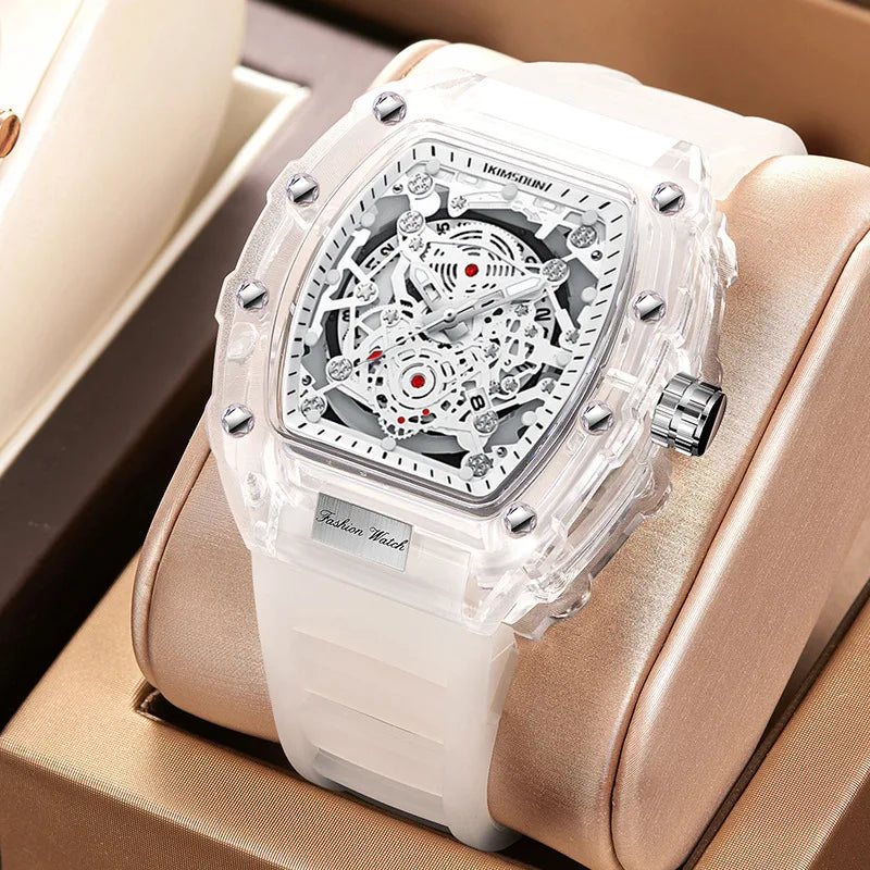 Casual Men’s Watch – Transparent Tonneau Case, Luminous Quartz