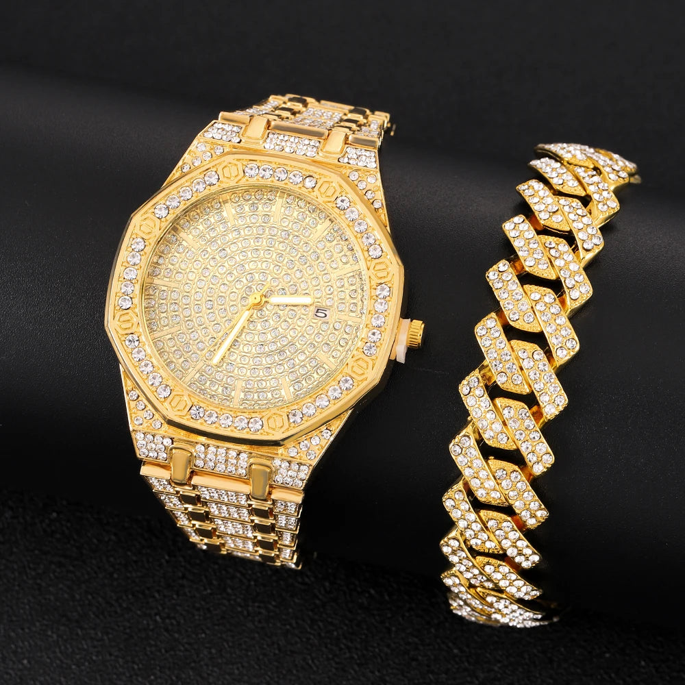 Men’s Iced Out Luxury Watch – Gold Hip Hop Diamond Style