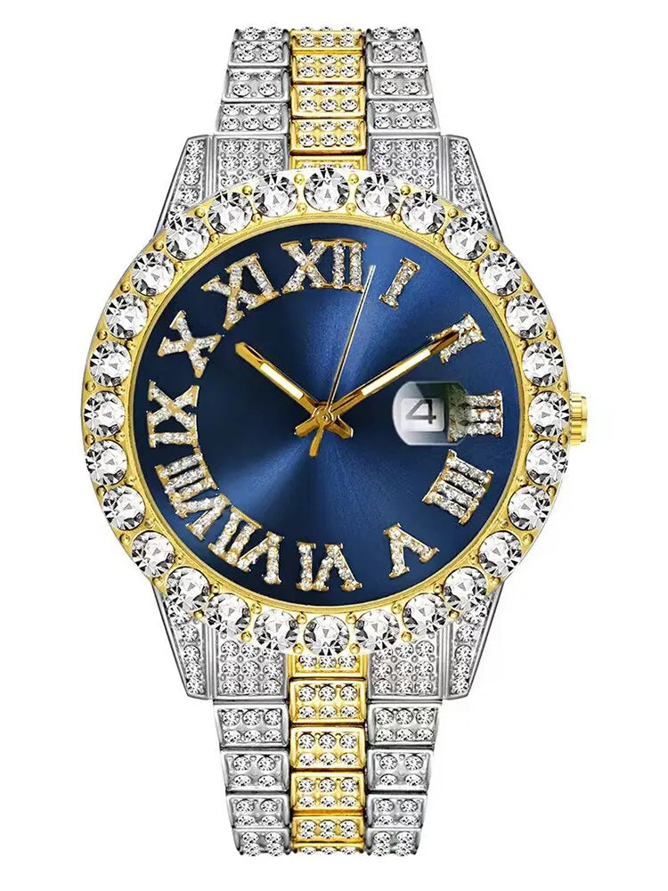 2PCS Men’s Luxury Watch Set – Full Diamond Steel Band + Bracelet