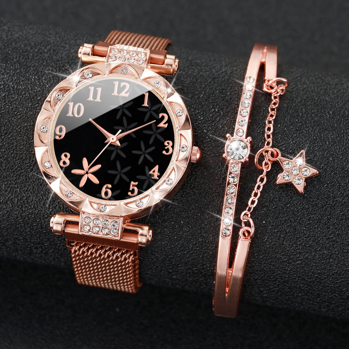 Elegant & Stylish set: Women’s flower dial quartz watch with magnetic mesh band, paired with a chic star bracelet. Perfect for gifts or daily wear.