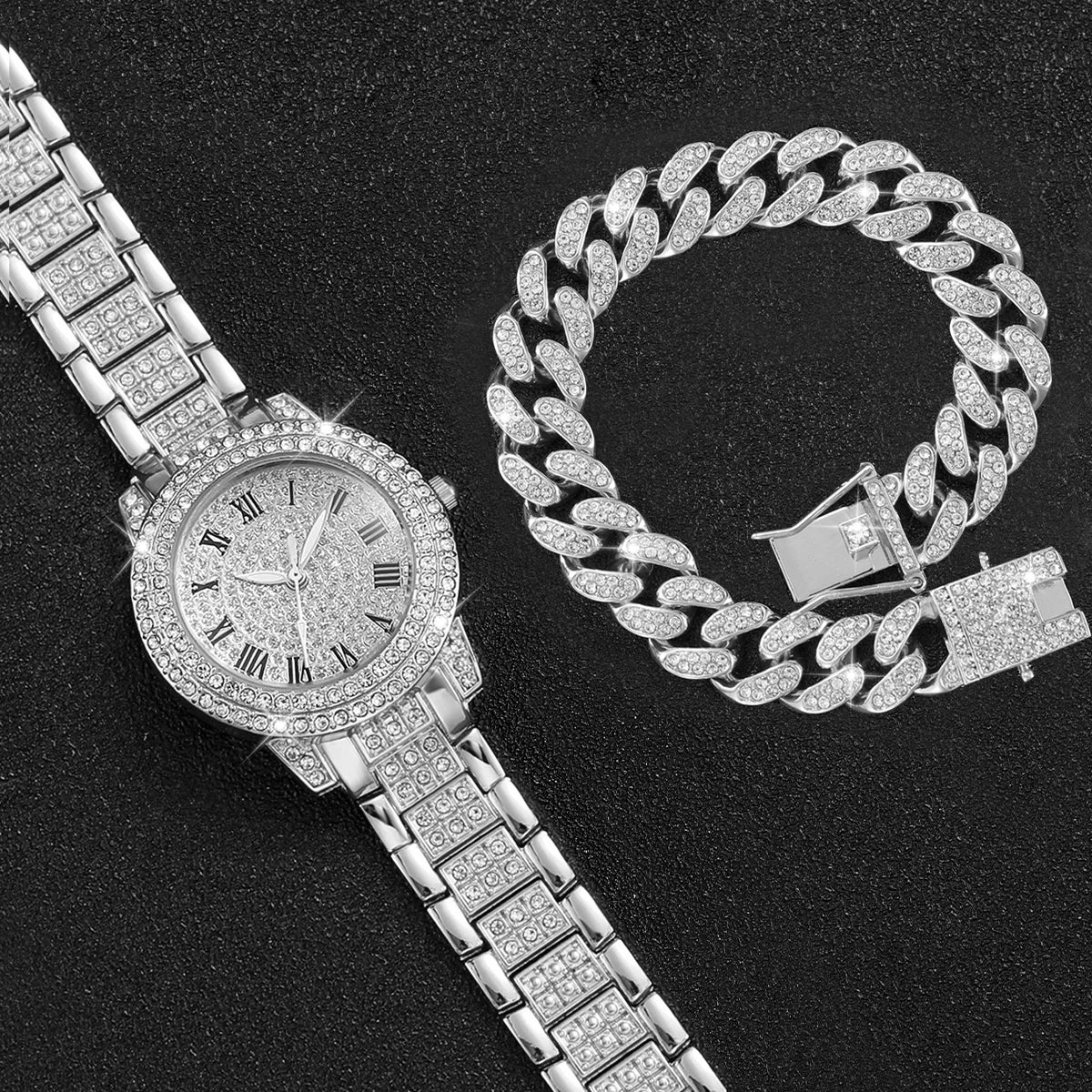 2PCS Luxury Women’s Diamond Watches – Gold Wristwatch & Rhinestone Bracelet Set