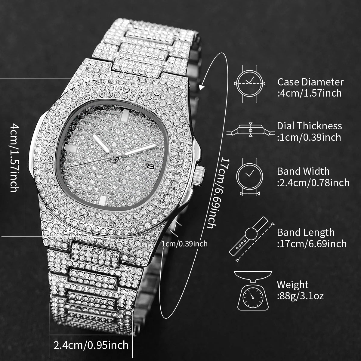 Luxury Men’s Full Diamond Watch – Stainless Steel Quartz Sports Wristwatch with Calendar