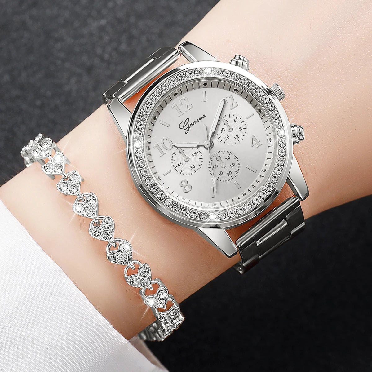 2PCS Women’s Luxury Watch Set – Quartz Wristwatch & Rhinestone Bracelet