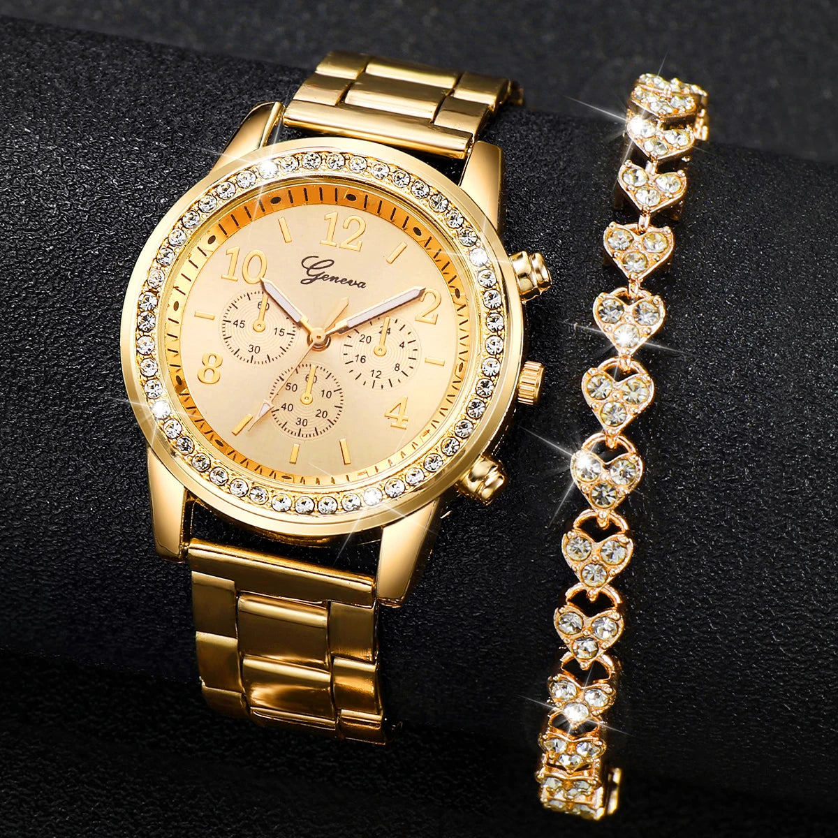 2PCS Women’s Luxury Watch Set – Quartz Wristwatch & Rhinestone Bracelet