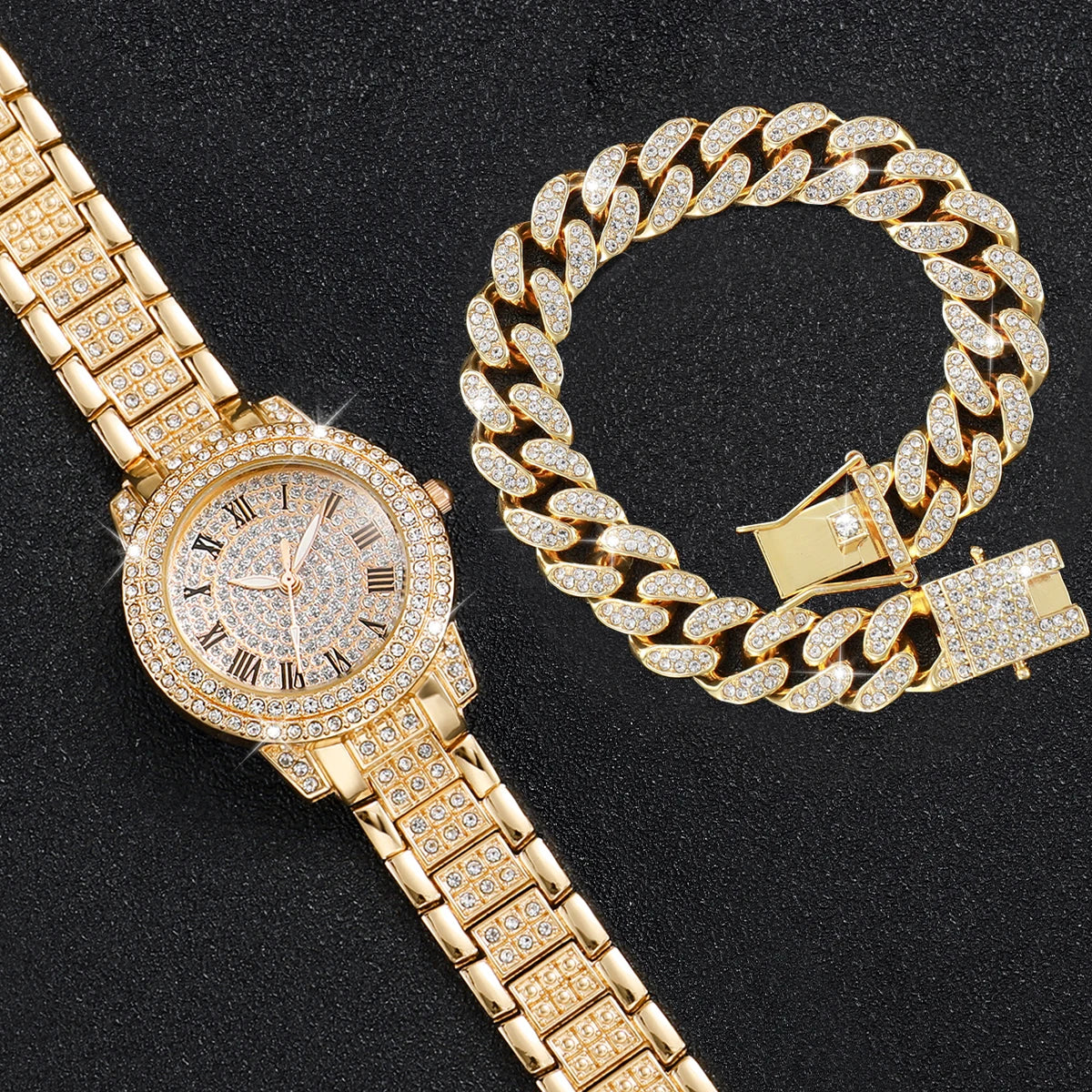 2PCS Luxury Women’s Diamond Watches – Gold Wristwatch & Rhinestone Bracelet Set