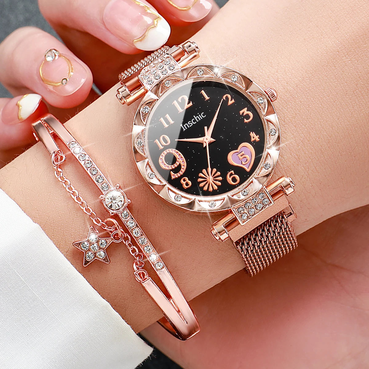 Elegant & Stylish set: Women’s flower dial quartz watch with magnetic mesh band, paired with a chic star bracelet. Perfect for gifts or daily wear.