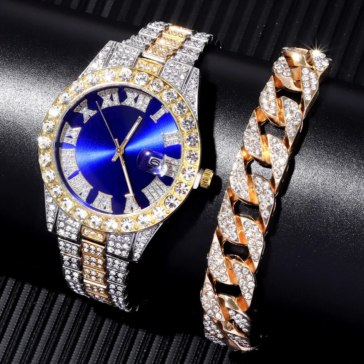 2PCS Men’s Luxury Watch Set – Full Diamond Steel Band + Bracelet