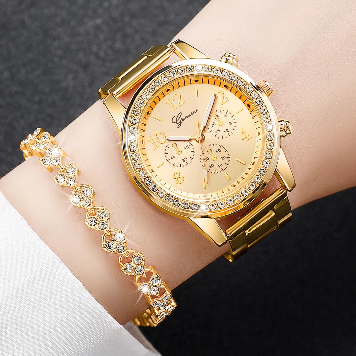 2PCS Women’s Luxury Watch Set – Quartz Wristwatch & Rhinestone Bracelet