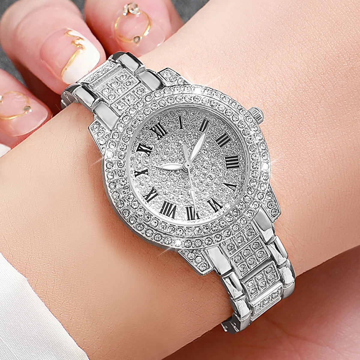 2PCS Luxury Women’s Diamond Watches – Gold Wristwatch & Rhinestone Bracelet Set