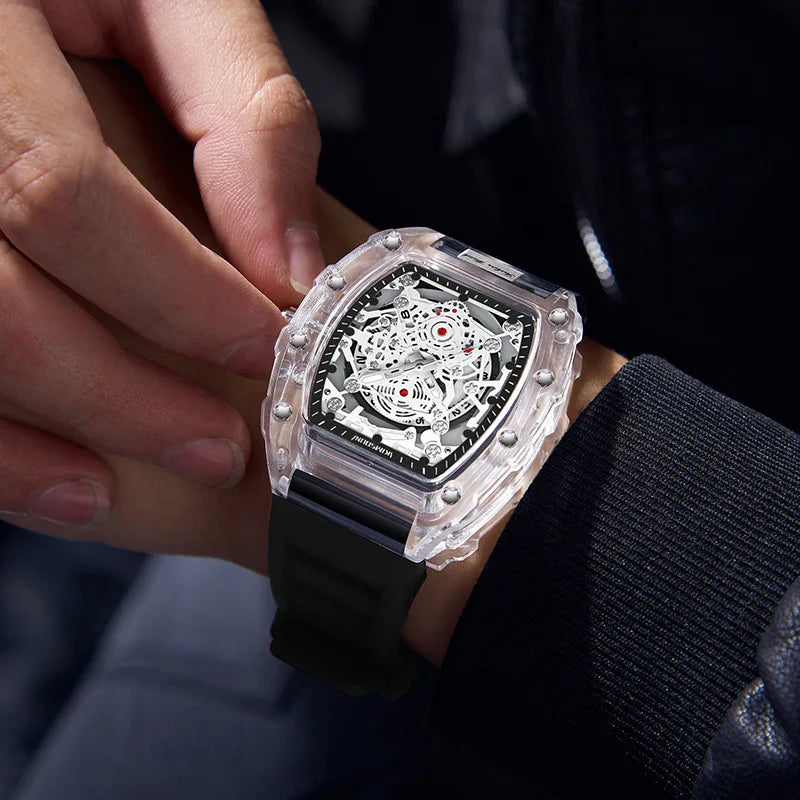 Casual Men’s Watch – Transparent Tonneau Case, Luminous Quartz
