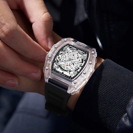 Casual Men’s Watch – Transparent Tonneau Case, Luminous Quartz