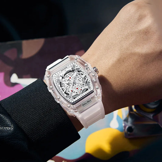 Casual Men’s Watch – Transparent Tonneau Case, Luminous Quartz