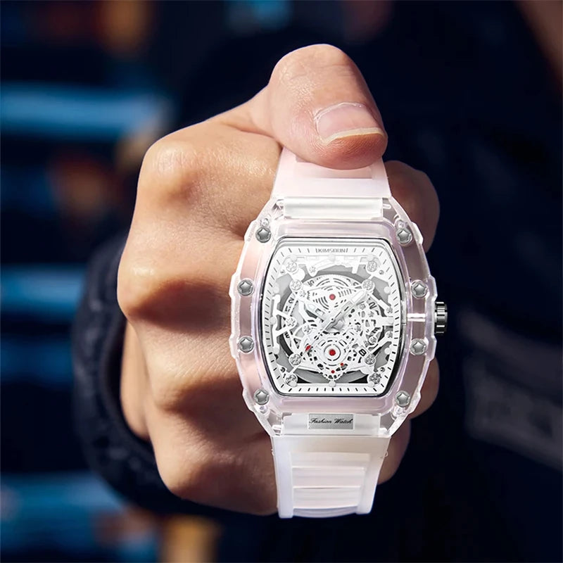 Casual Men’s Watch – Transparent Tonneau Case, Luminous Quartz