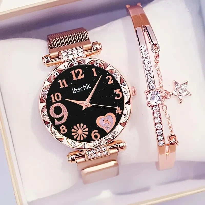 Elegant & Stylish set: Women’s flower dial quartz watch with magnetic mesh band, paired with a chic star bracelet. Perfect for gifts or daily wear.