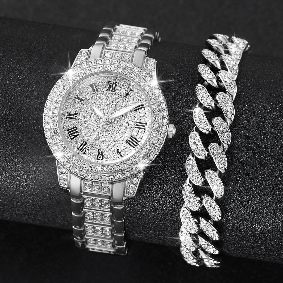 2PCS Luxury Women’s Diamond Watches – Gold Wristwatch & Rhinestone Bracelet Set